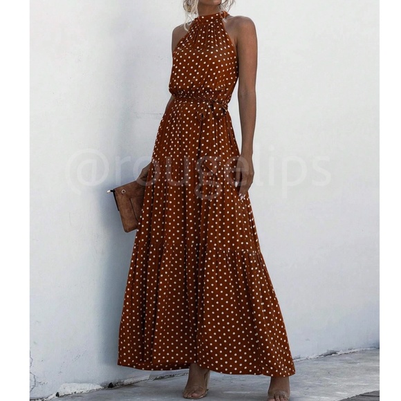 Polka Dot Brown Maxi Dress Tie Belt High Halter Neck - Picture 1 of 8